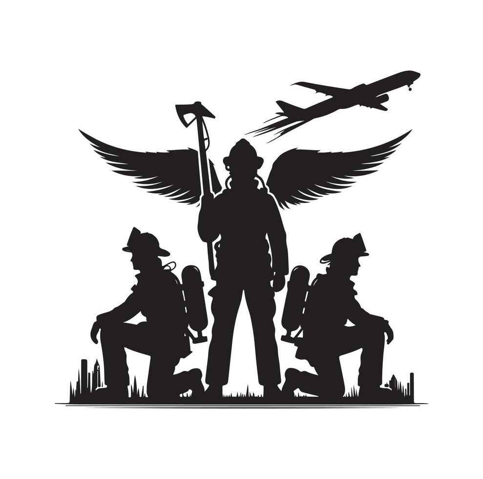Firefighters group pose silhouette illustration vector