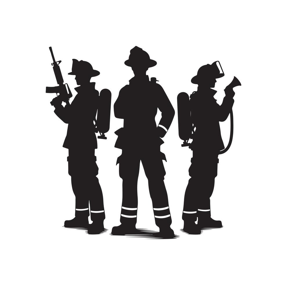Firefighters group pose silhouette illustration vector