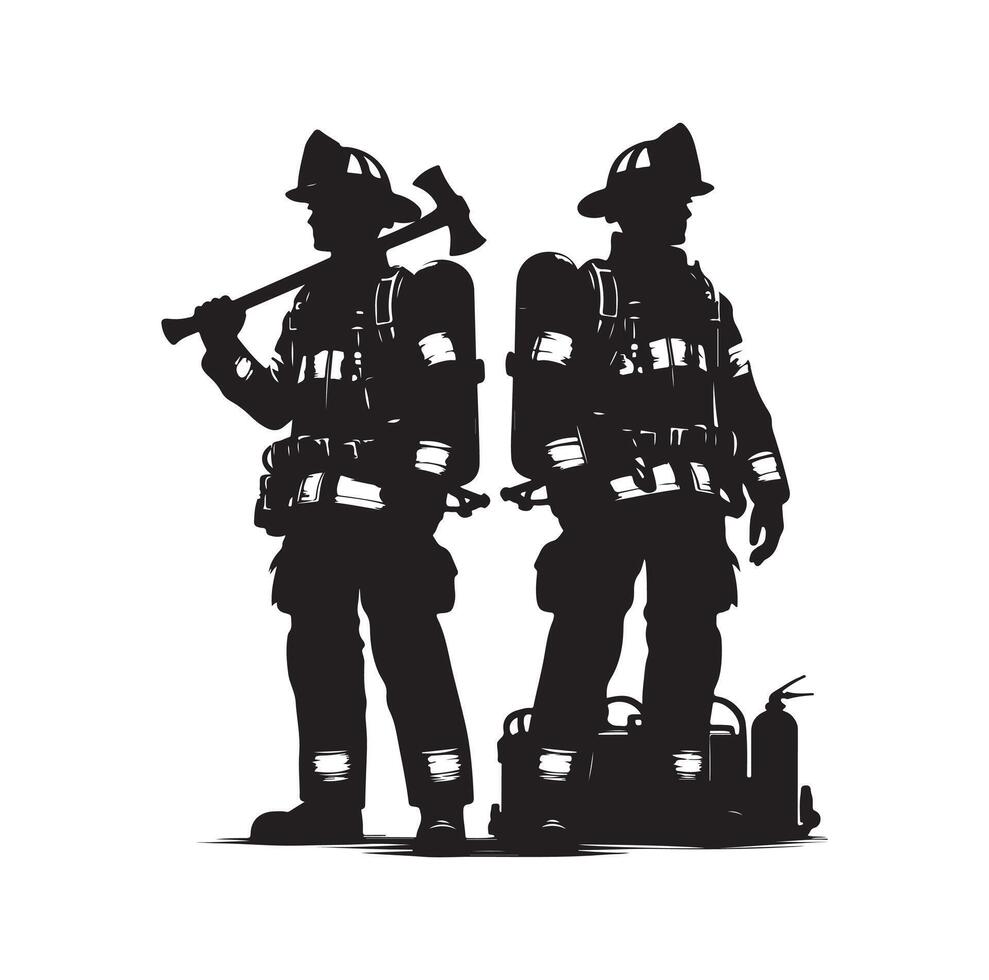 Firefighters group pose silhouette illustration vector