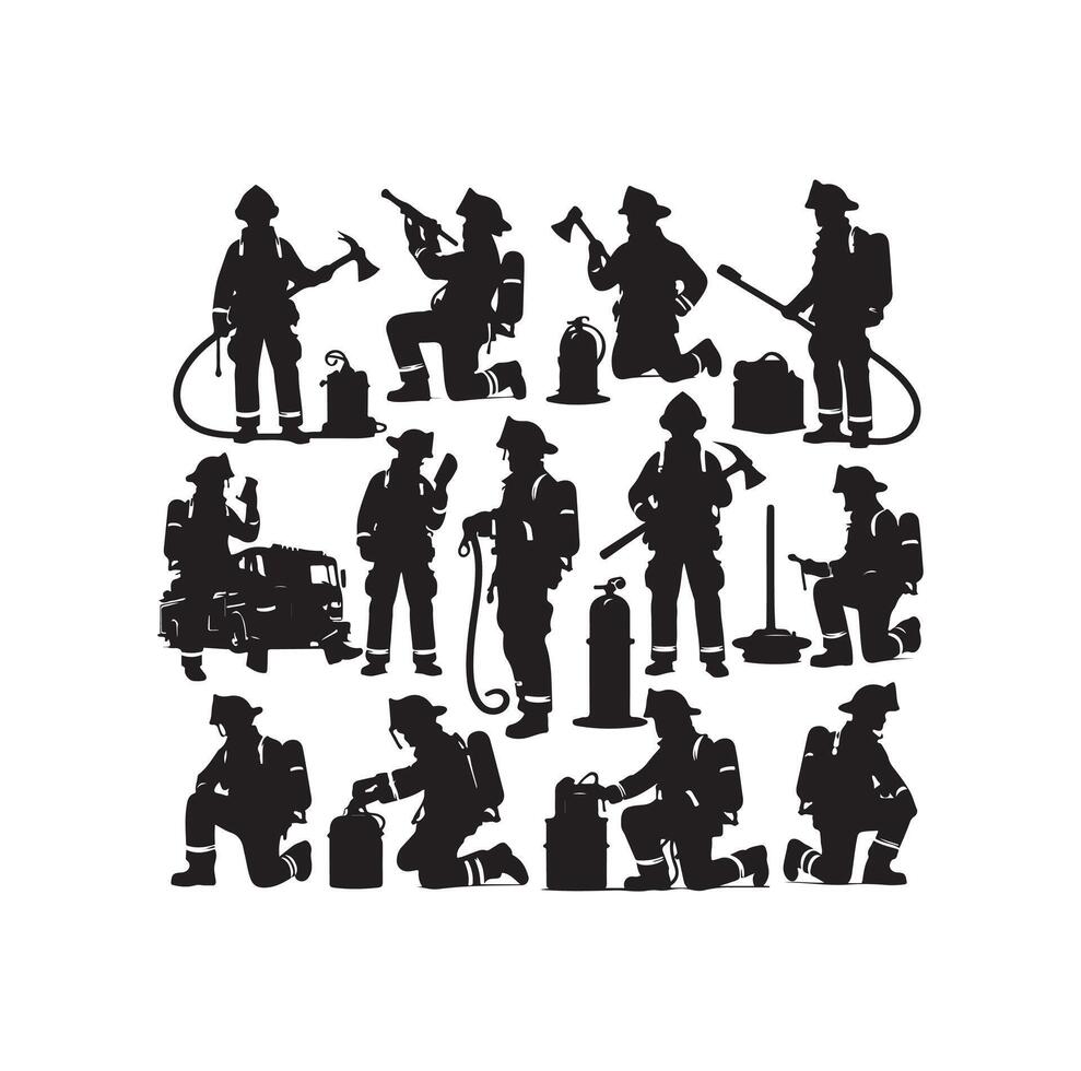 Firefighters group pose silhouette illustration vector