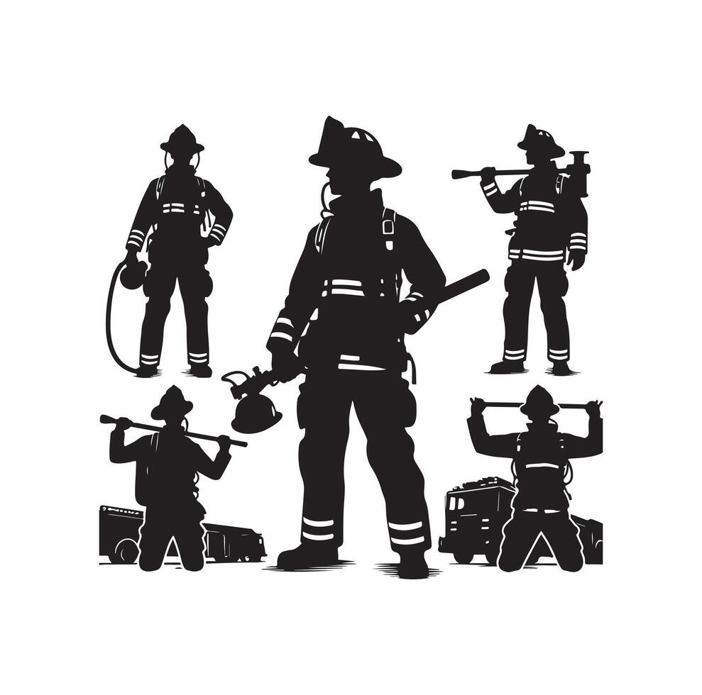 Firefighters group pose silhouette illustration vector
