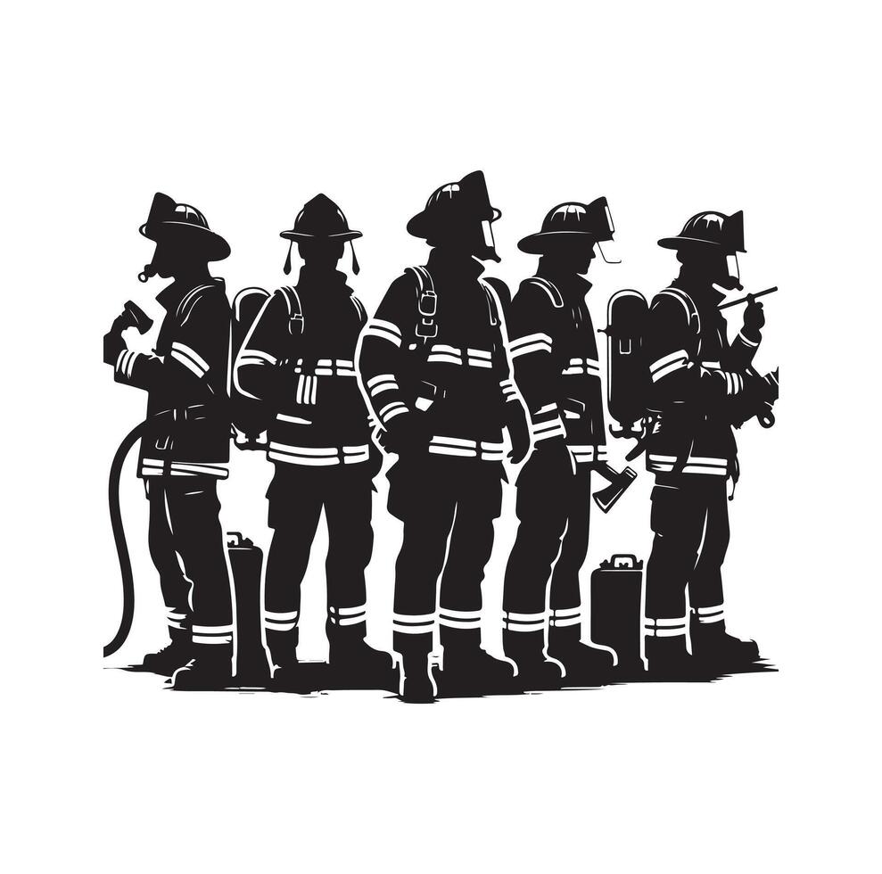 Firefighters group pose silhouette illustration vector