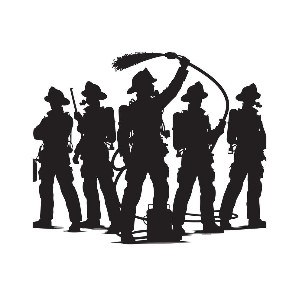Firefighters group pose silhouette illustration vector