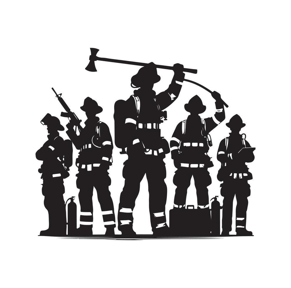 Firefighters group pose silhouette illustration vector