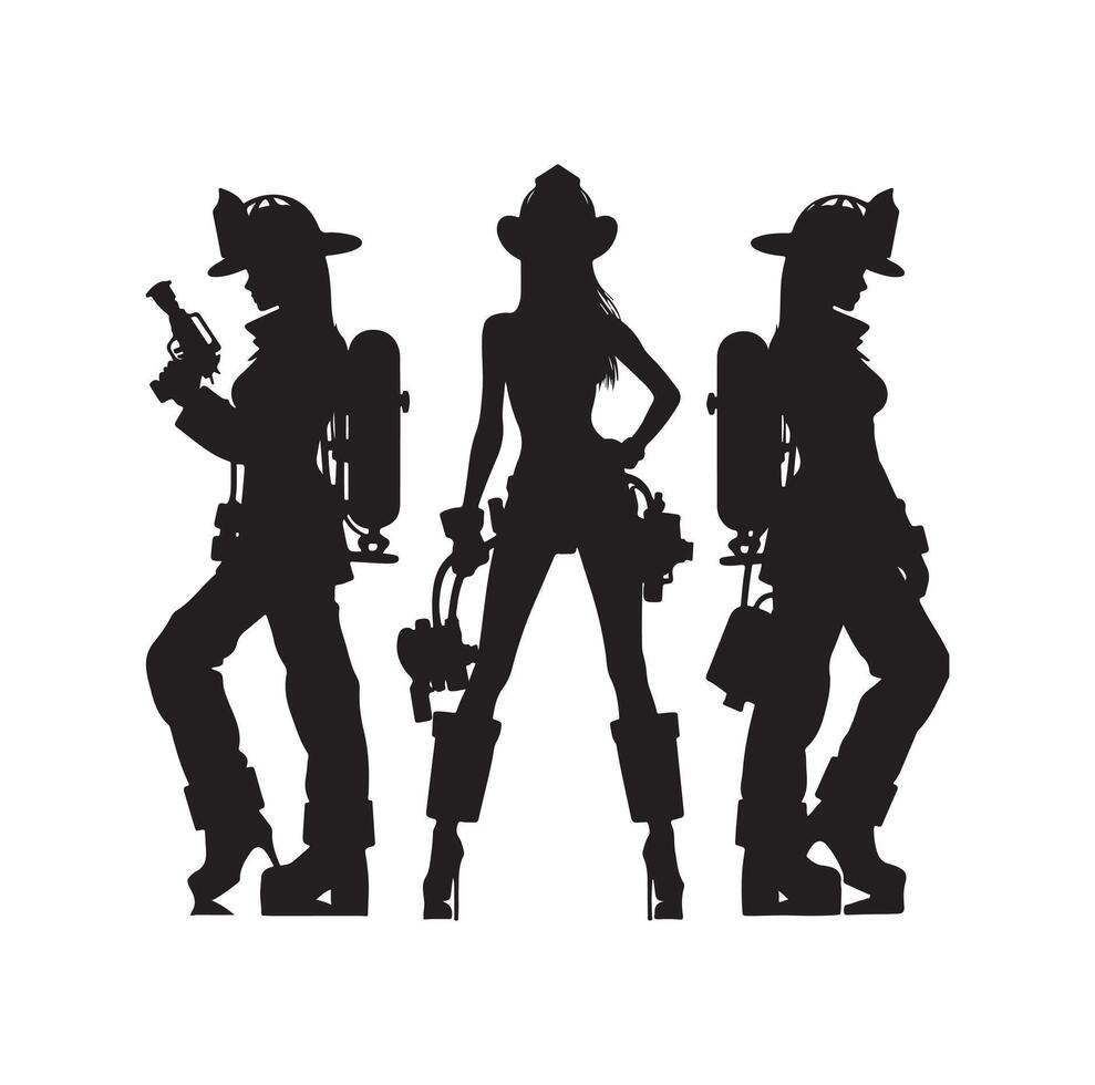 Firefighters group pose silhouette illustration vector