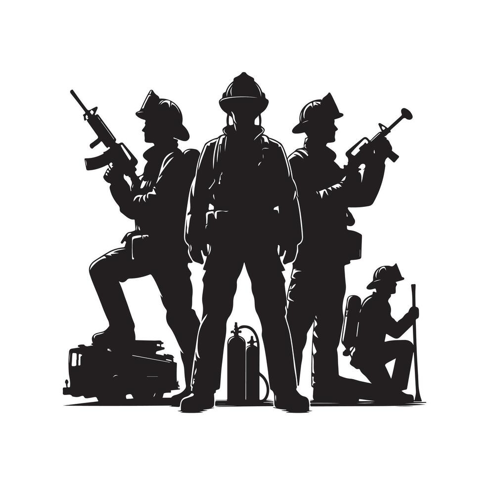 Firefighters group pose silhouette illustration vector