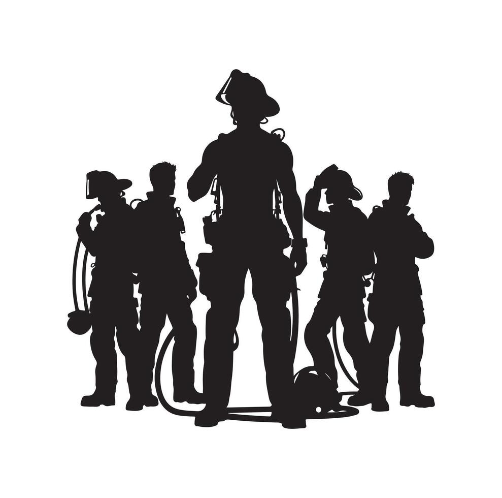 Firefighters group pose silhouette illustration vector