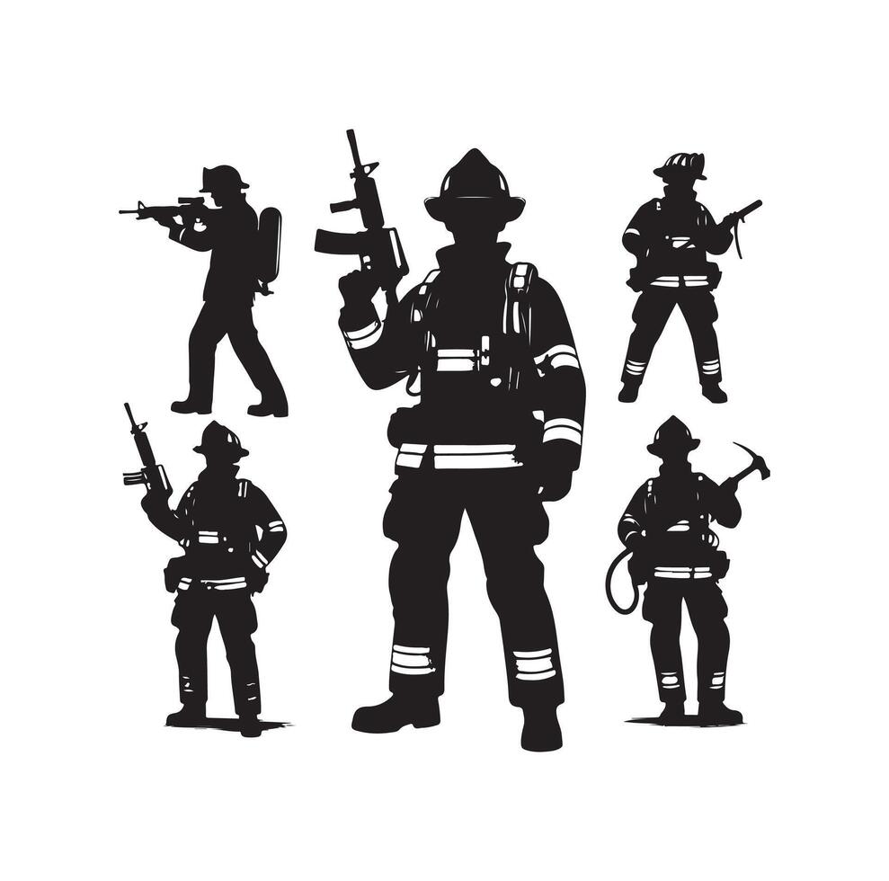 Firefighters group pose silhouette illustration vector