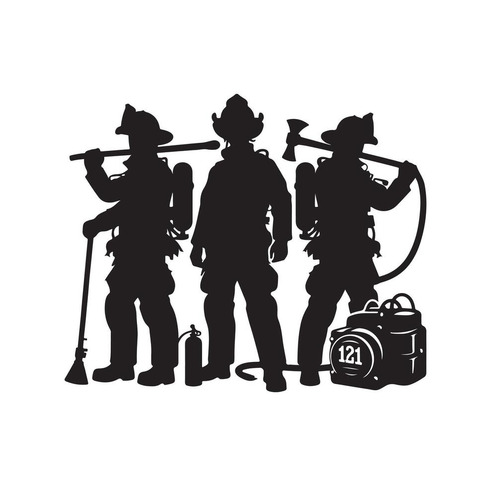 Firefighters group pose silhouette illustration vector