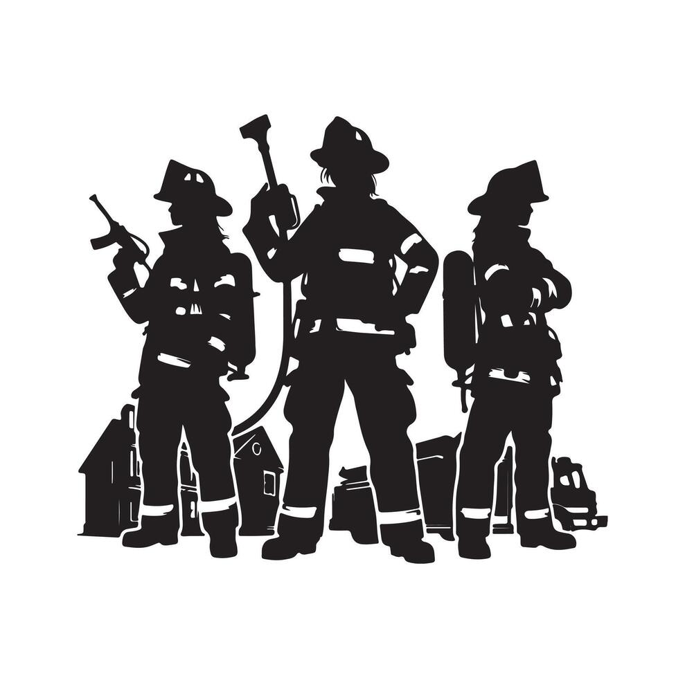 Firefighters group pose silhouette illustration vector
