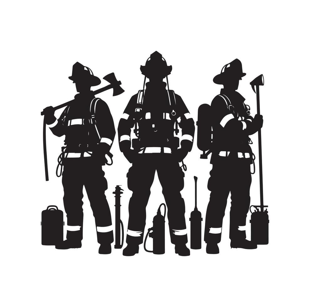 Firefighters group pose silhouette illustration vector