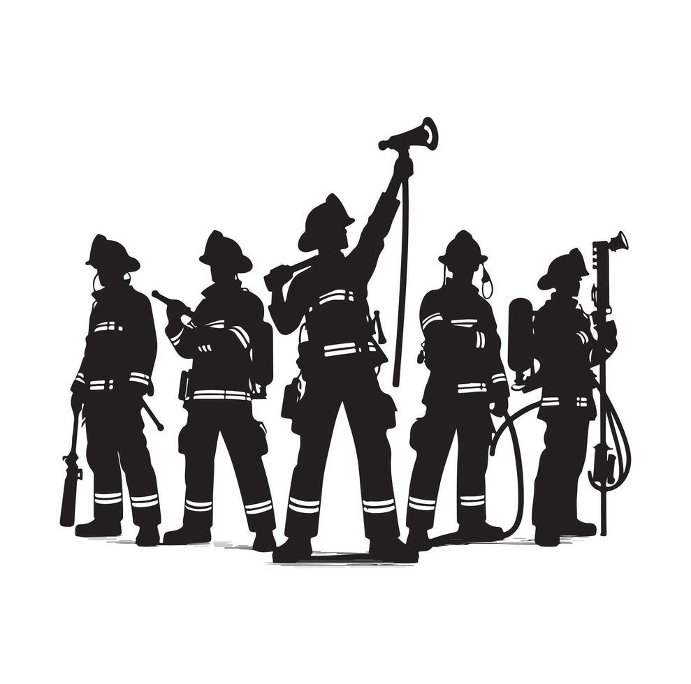 Firefighters group pose silhouette illustration vector