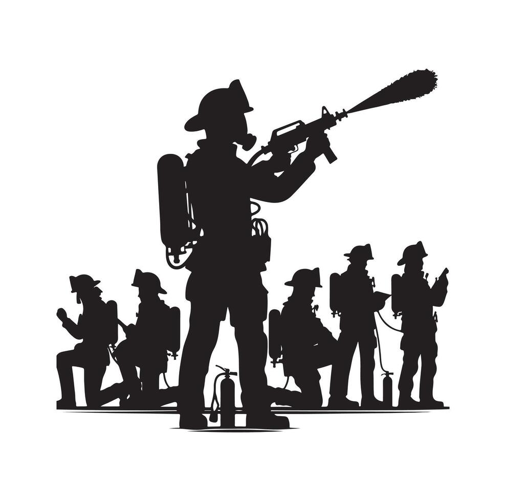 Firefighters group pose silhouette illustration vector