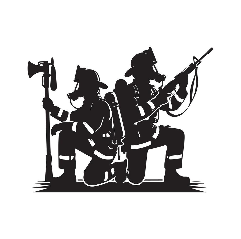 Firefighters group pose silhouette illustration vector