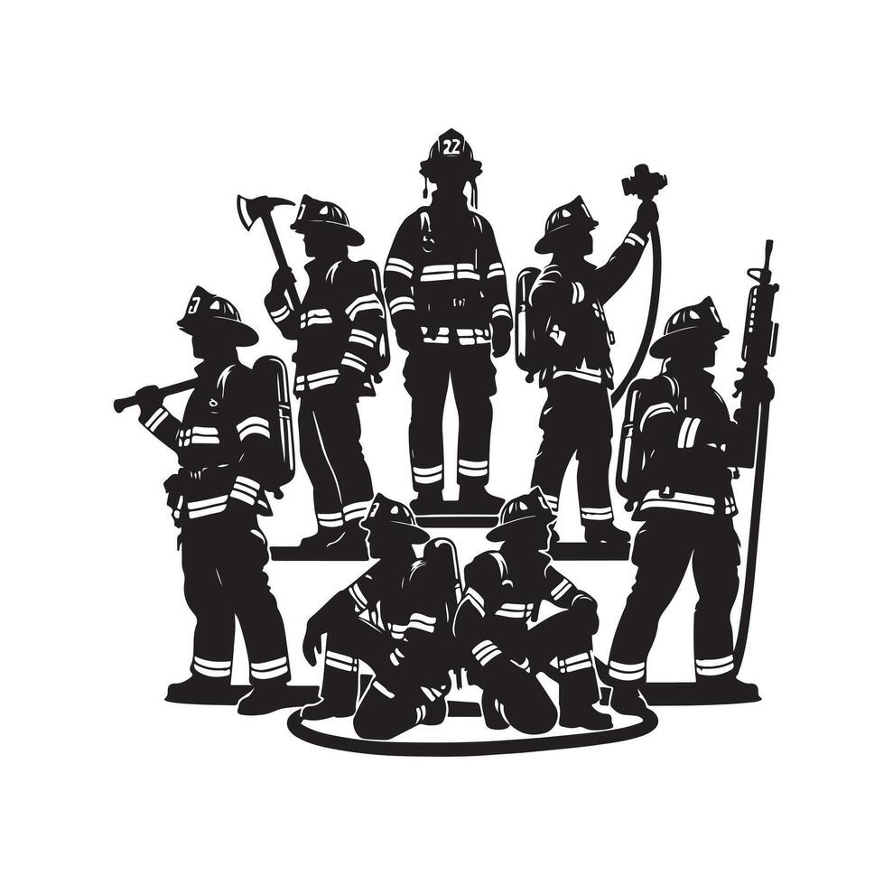 Firefighters group pose silhouette illustration vector
