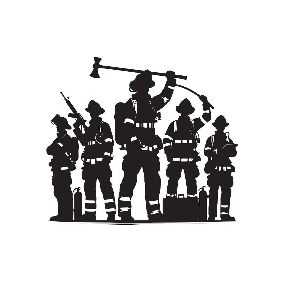 Firefighters group pose silhouette illustration vector