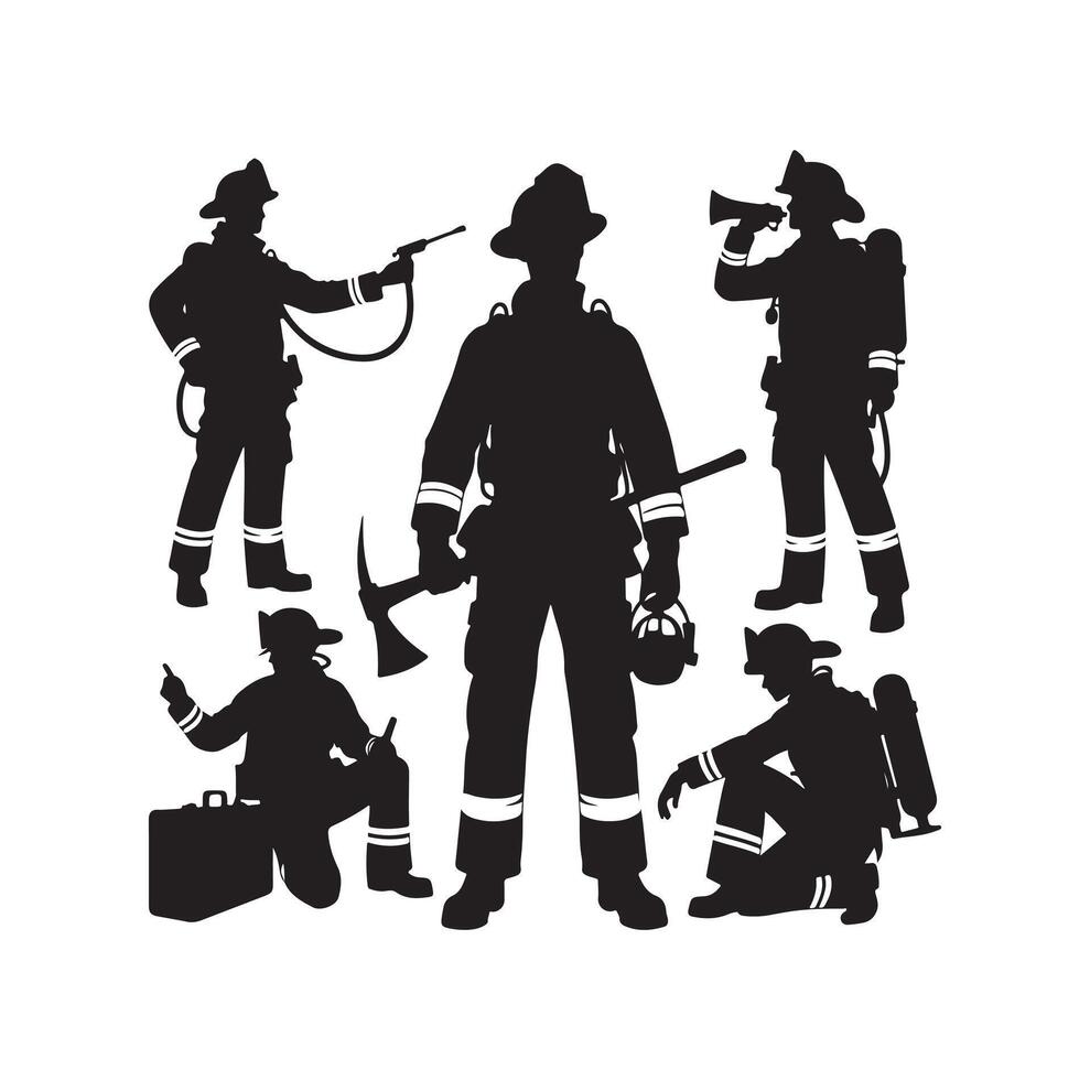 Firefighters group pose silhouette illustration vector