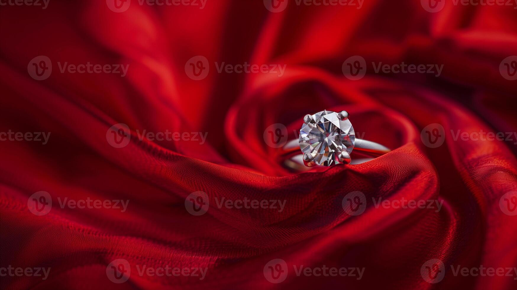 Product image of a diamond ring in focus on a red fabric or silk background photo