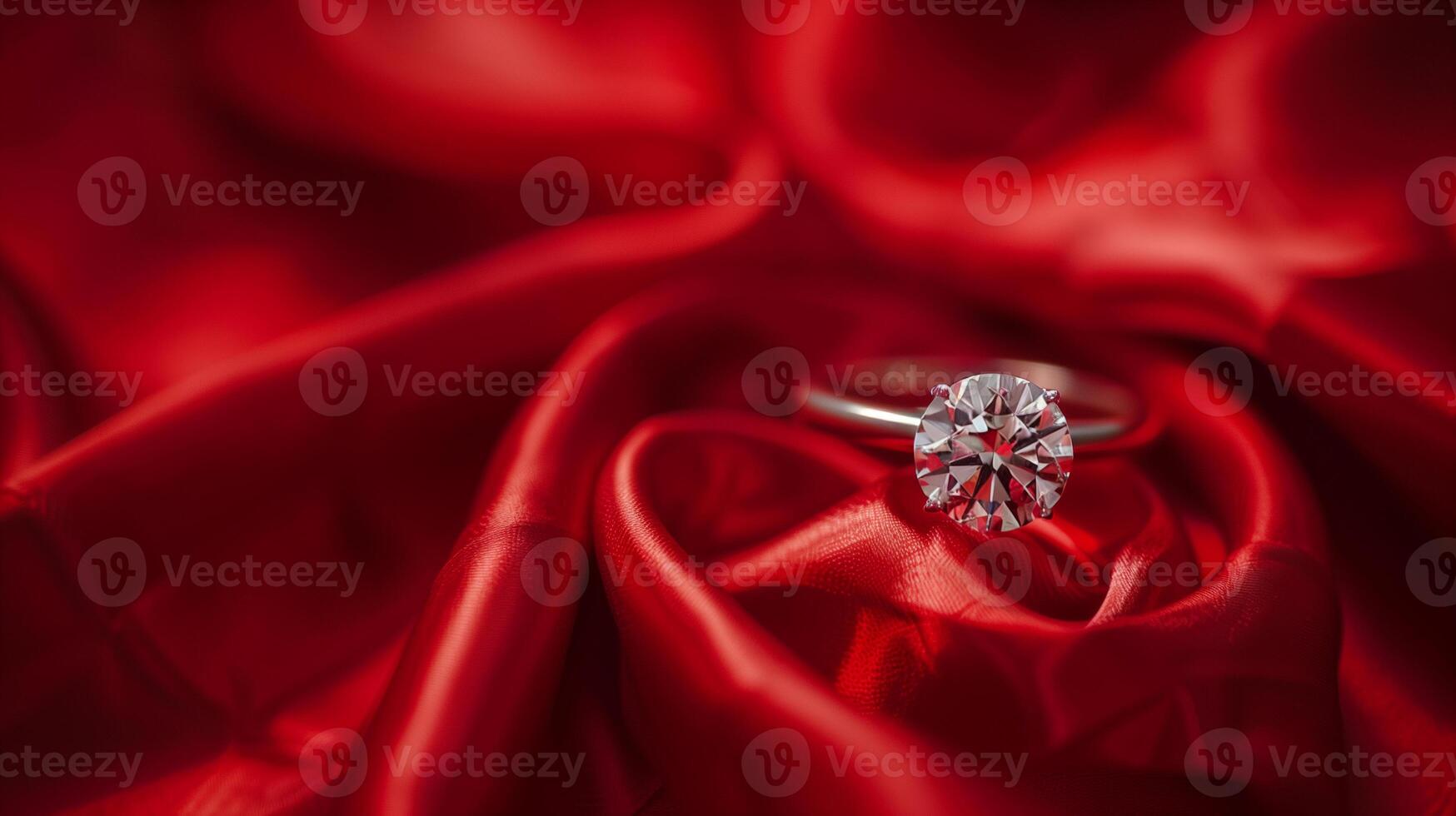 A diamond ring in focus on a red silk or fabric background. Valentines day photo