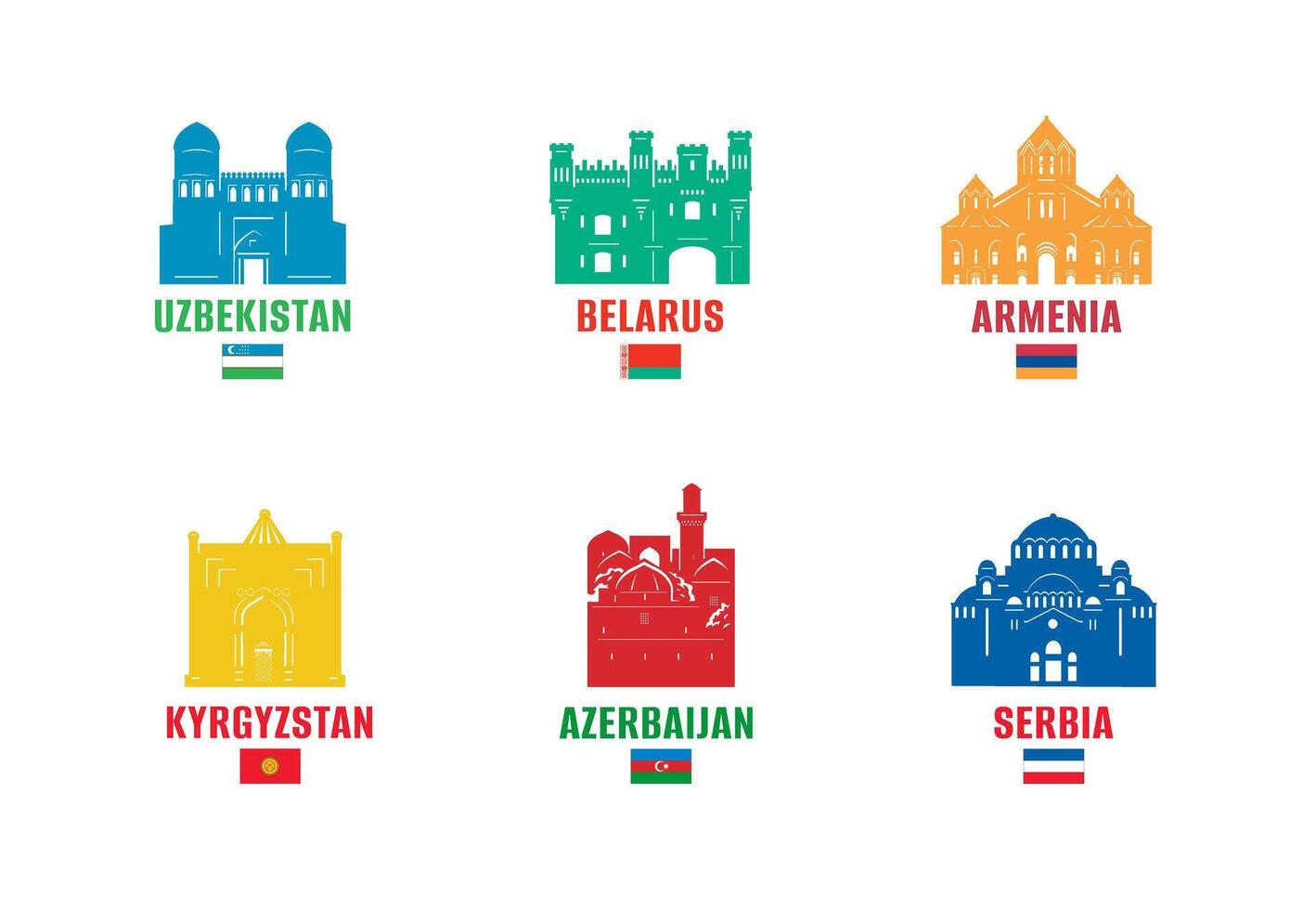 Countries - Uzbekistan, Belarus, Armenia, Kyrgystan, Azerbaijan, Serbia. illustration. Business travel and tourism concept with historical buildings. vector