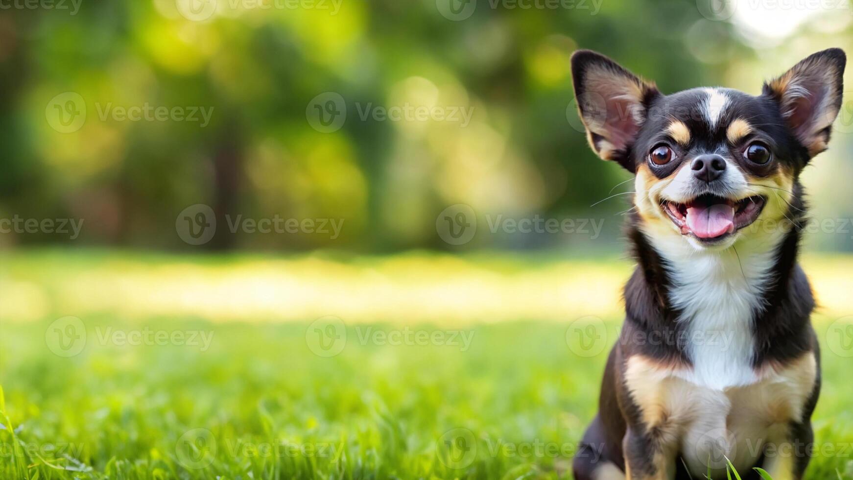 chihuahua dog sitting on green grass with a happy face photo