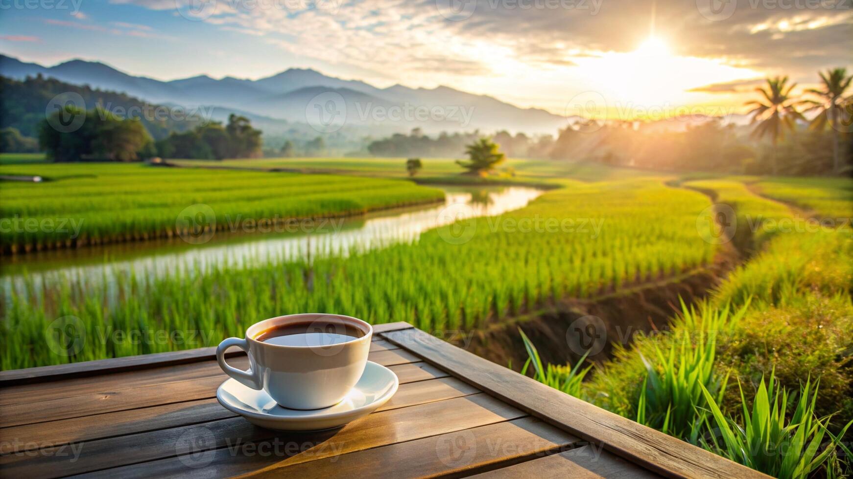 a cup of warm coffee in the morning with a rice field background photo