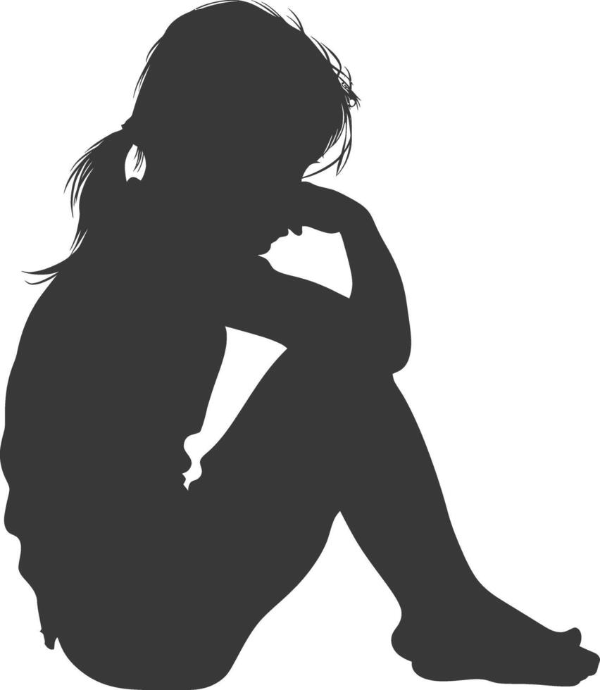 Silhouette sad little girl sitting alone depressed sitting black color only vector