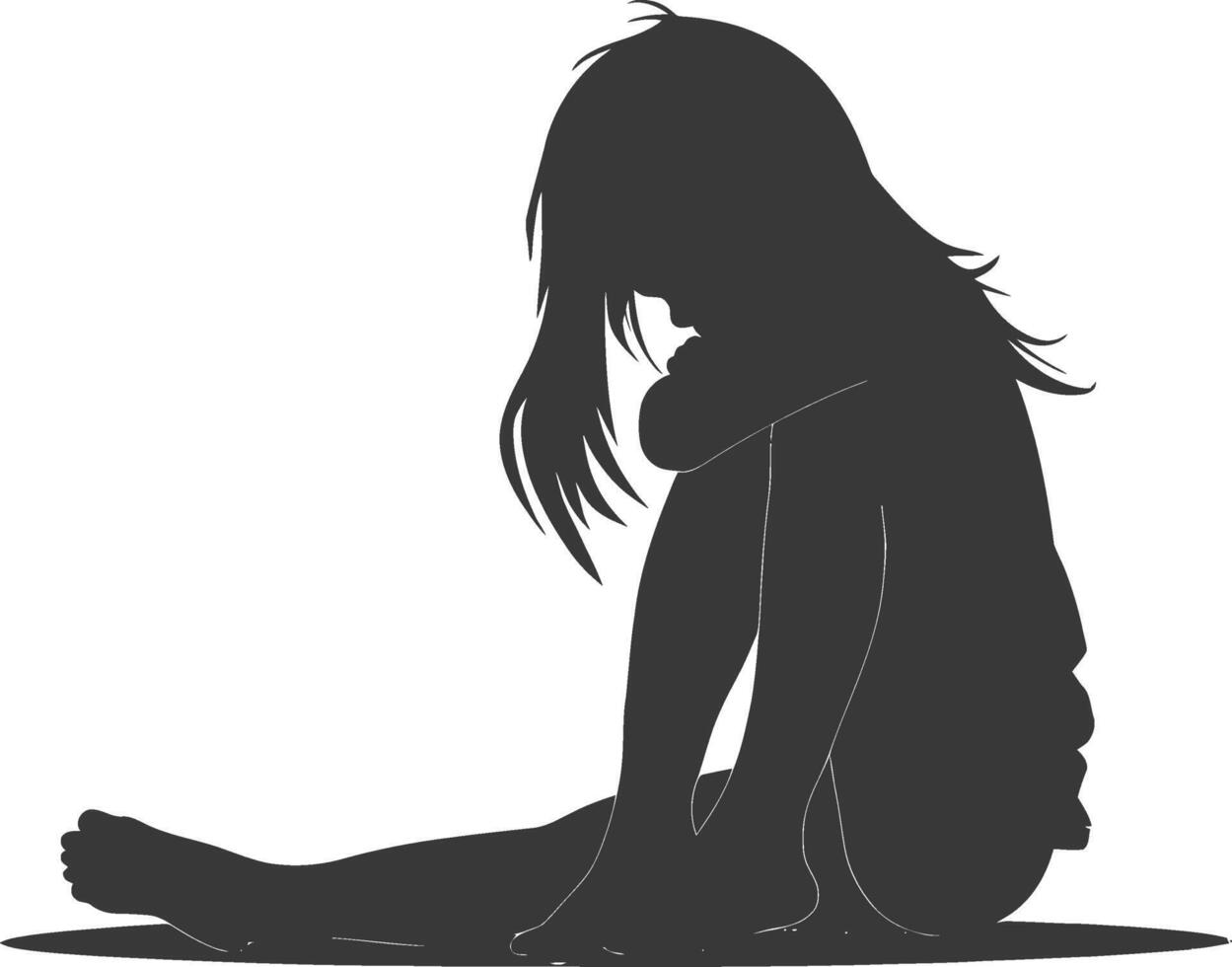 Silhouette sad little girl sitting alone depressed sitting black color only vector