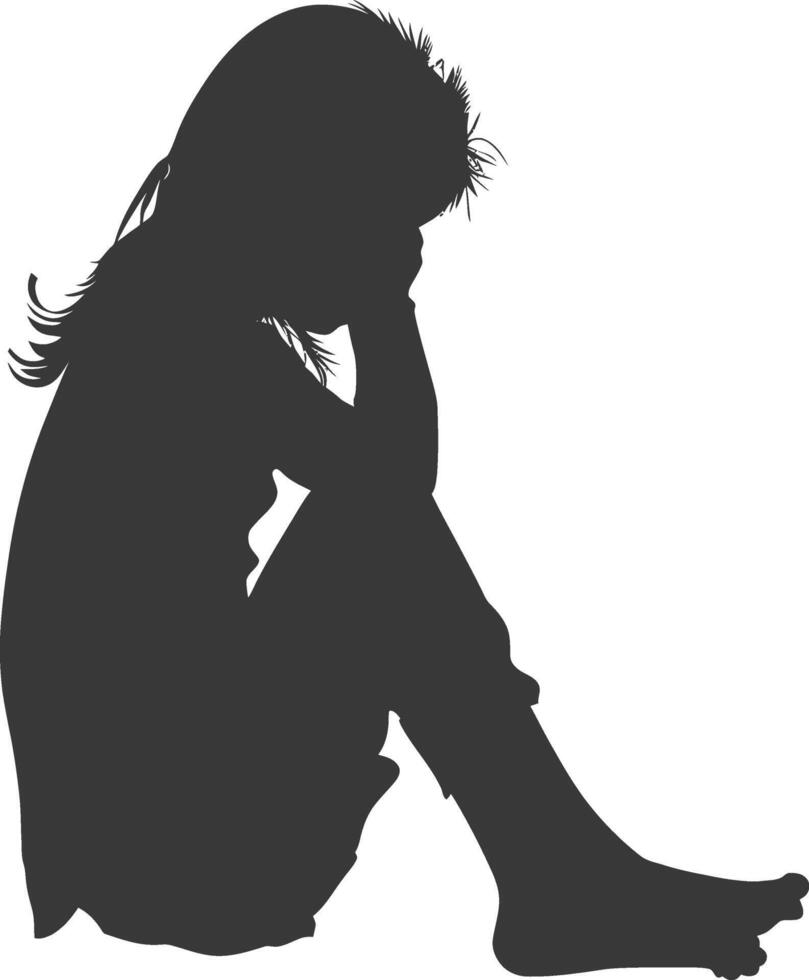 Silhouette sad little girl sitting alone depressed sitting black color only vector