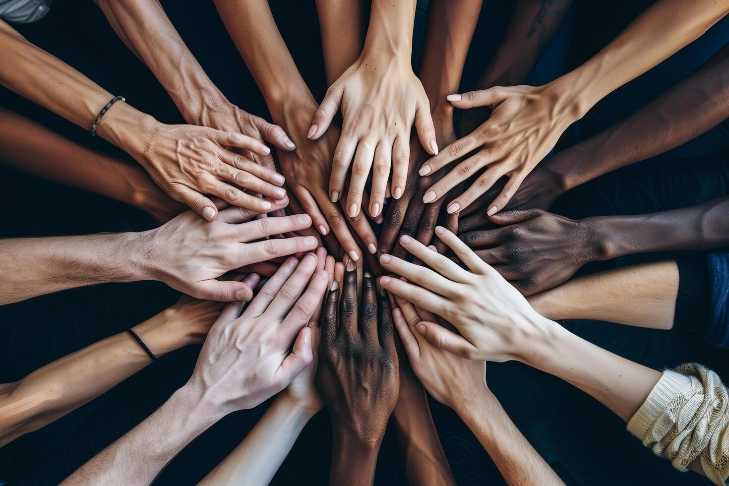 Hands of various races and ethnicities come together against discrimination. . photo