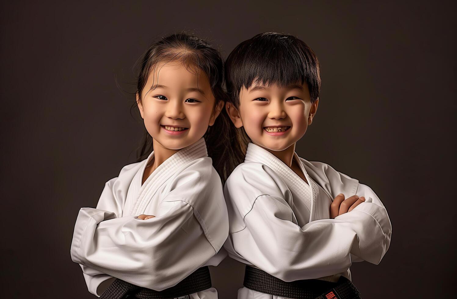 A boy and a girl, both dressed in martial arts uniforms, practice Taekwondo, Aikido, or Jujitsu. . photo