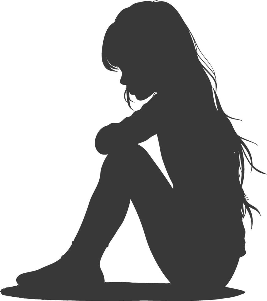 Silhouette sad little girl sitting alone depressed sitting black color only vector