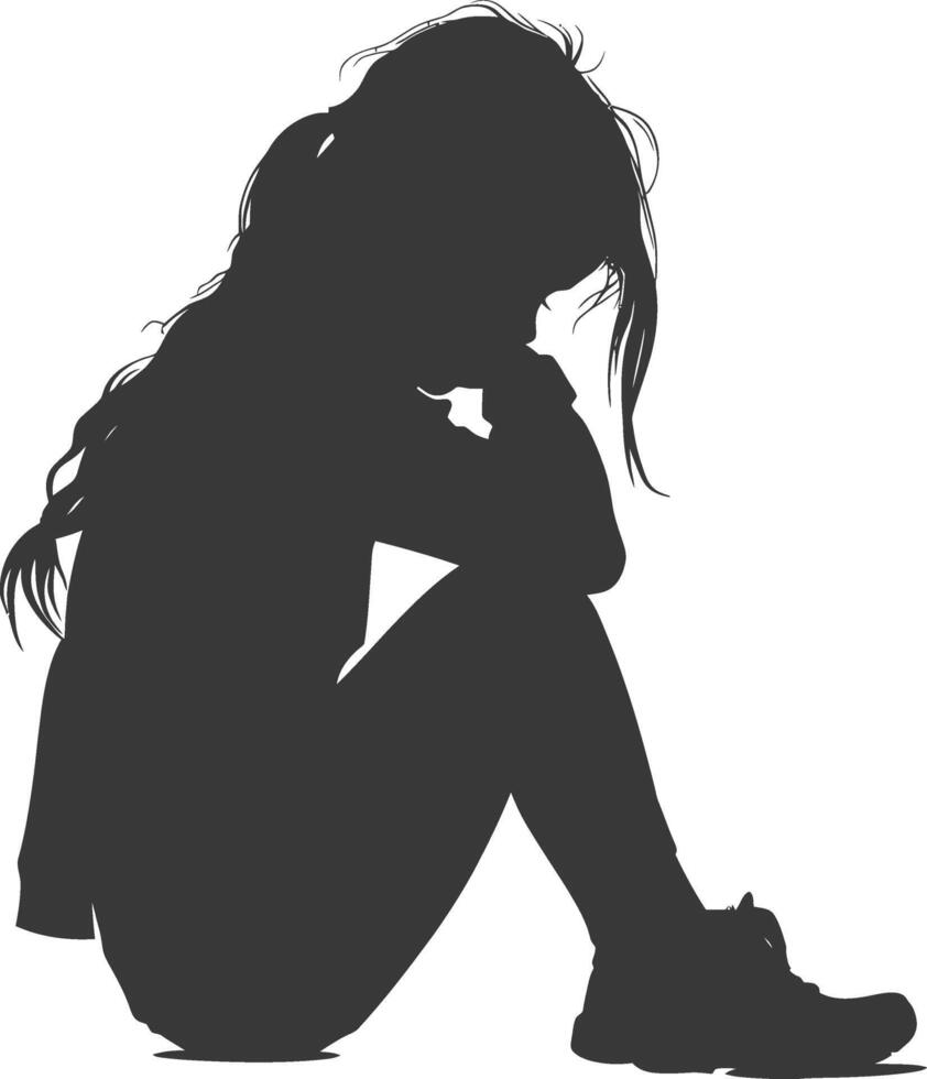 Silhouette sad little girl sitting alone depressed sitting black color only vector