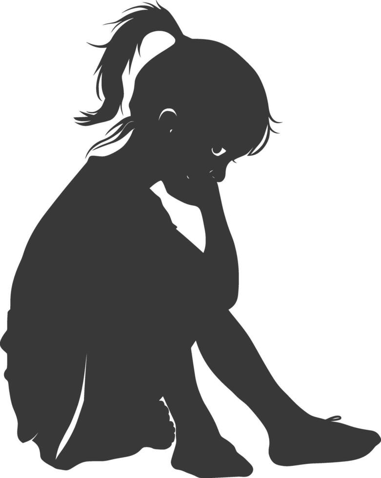 Silhouette sad little girl sitting alone depressed sitting black color only vector