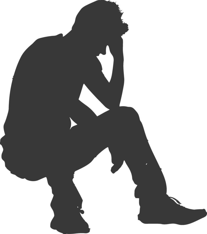 Silhouette sad man sitting alone depressed sitting black color only vector