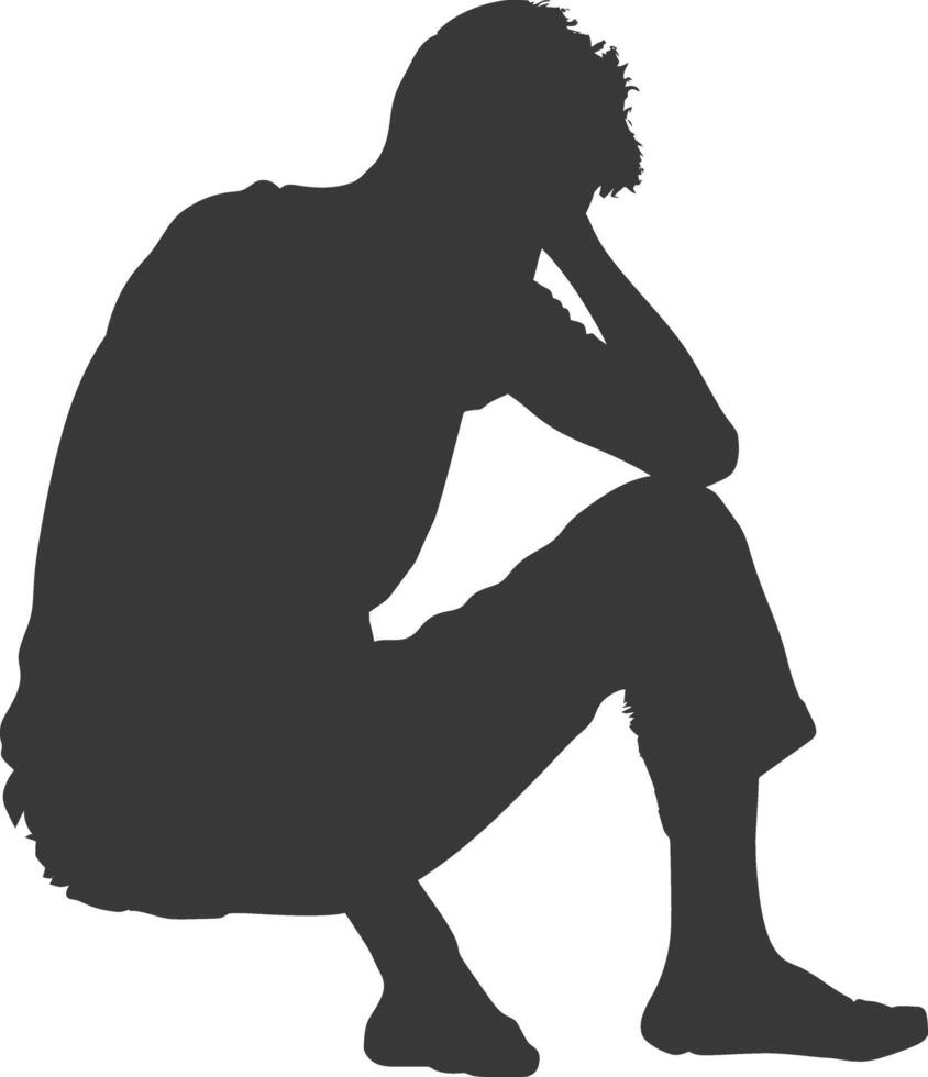 Silhouette sad man sitting alone depressed sitting black color only vector