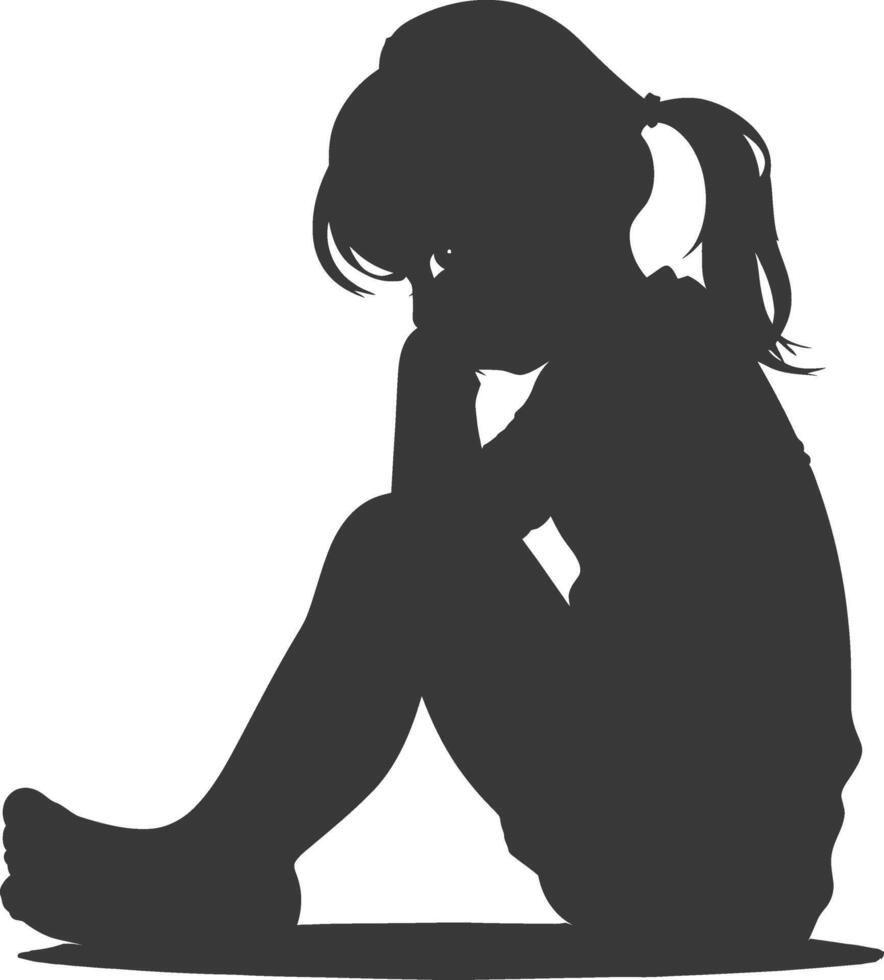 Silhouette sad little girl sitting alone depressed sitting black color only vector
