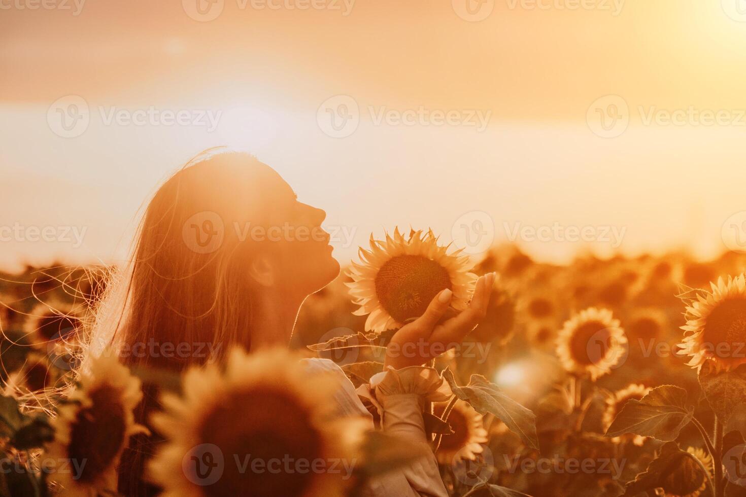 Woman in Sunflower Field. Happy girl in a straw hat posing in a vast field of sunflowers at sunset, enjoy taking picture outdoors for memories. Summer time. photo