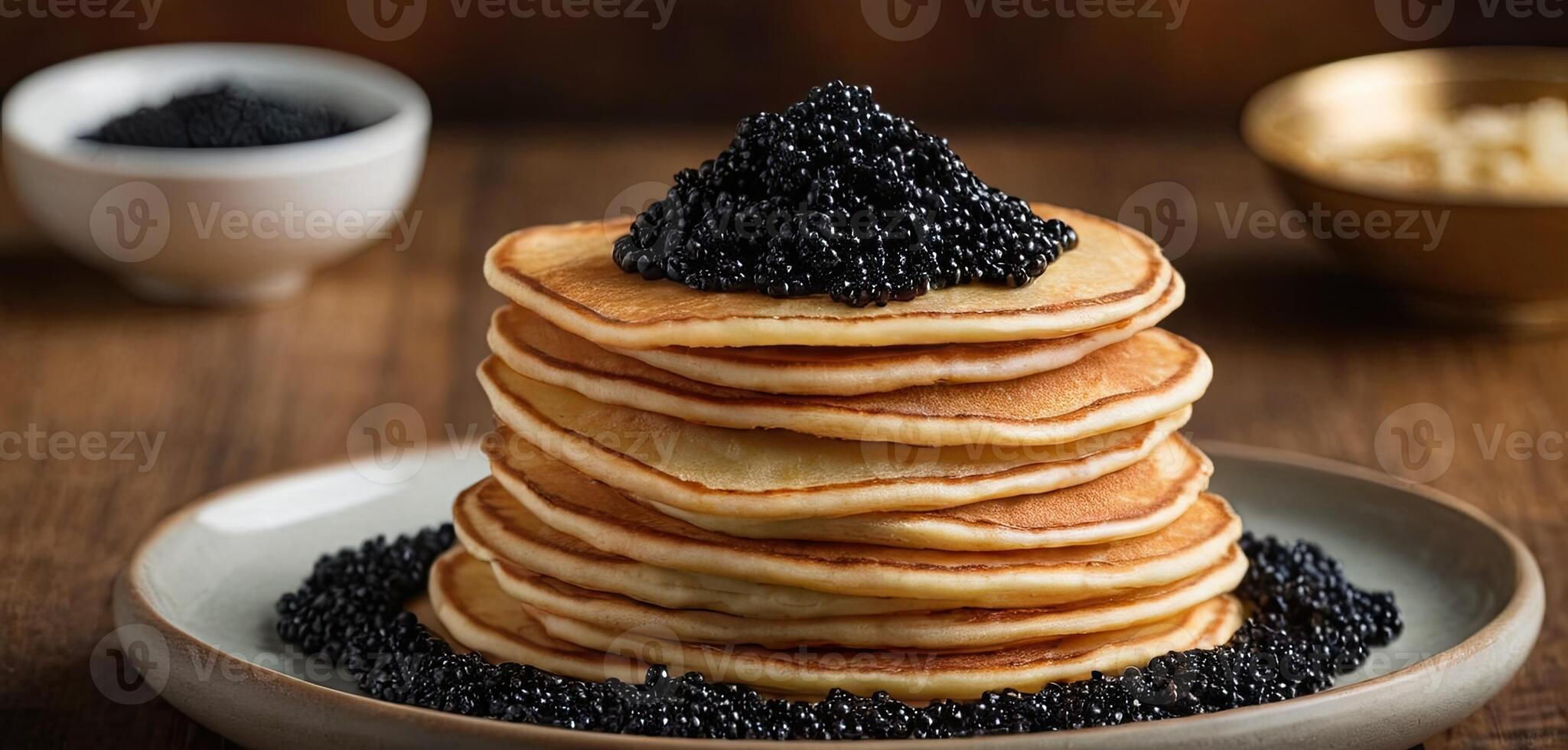 Pancakes with caviar for breakfast highlight luxury morning meal. Golden stack of thin pancakes or blini topped with black caviar photo