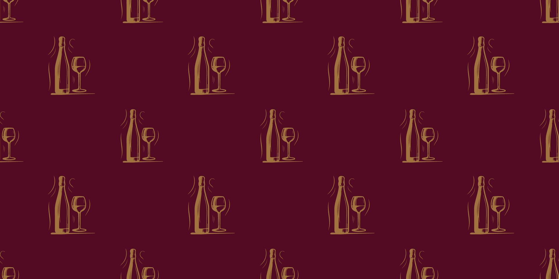 Bottle and glass of wine seamless pattern, gold print on marsala background, contour doodle illustration vector