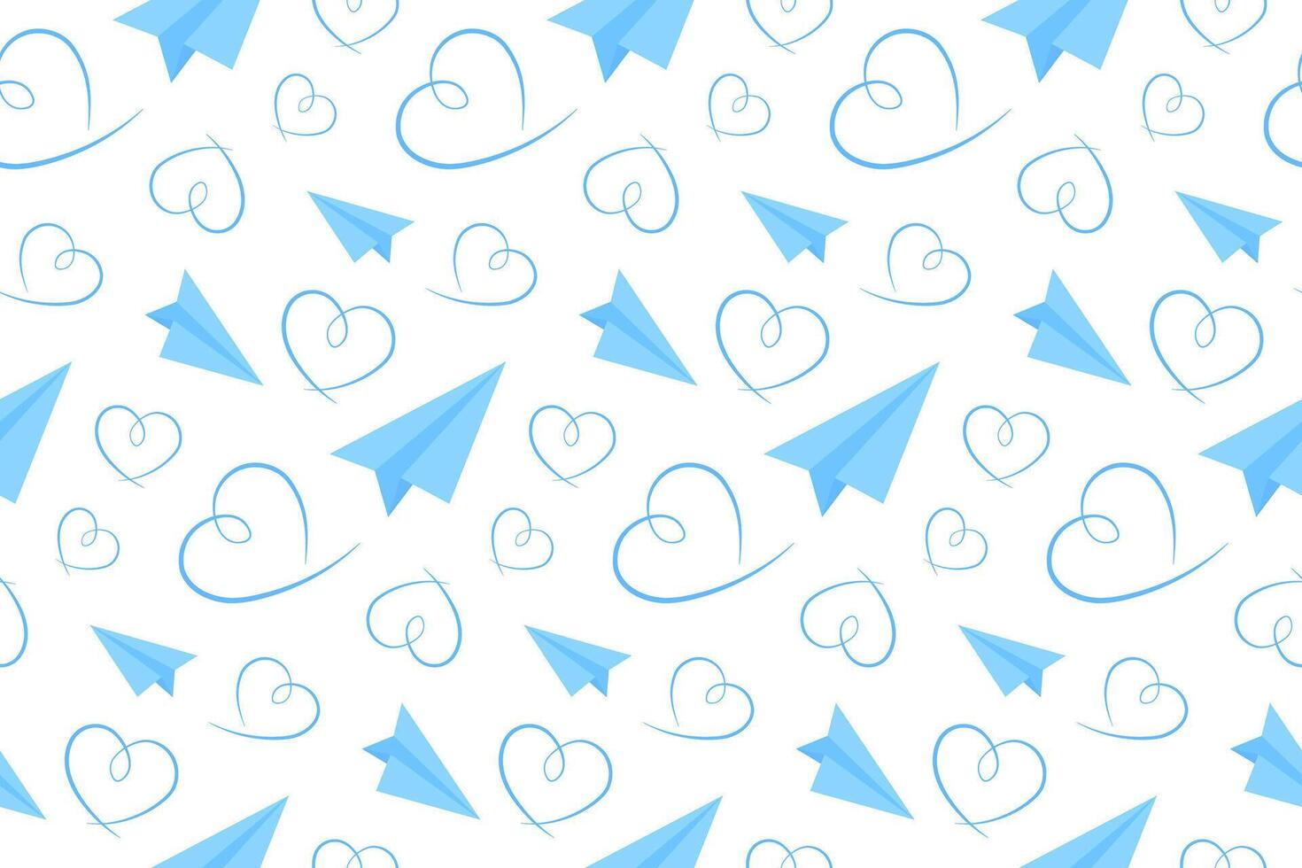 Minimalist Blue Handmade Paper Plane and Heart. Seamless Pattern. Valentines Day Design for Greeting Cards, Wallpaper, Fabric, and Wrapping Paper vector