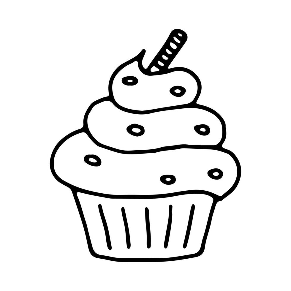 Cupcake outline doodle isolated illustration on white background Muffin linear cartoon icon Sweets and candies design vector