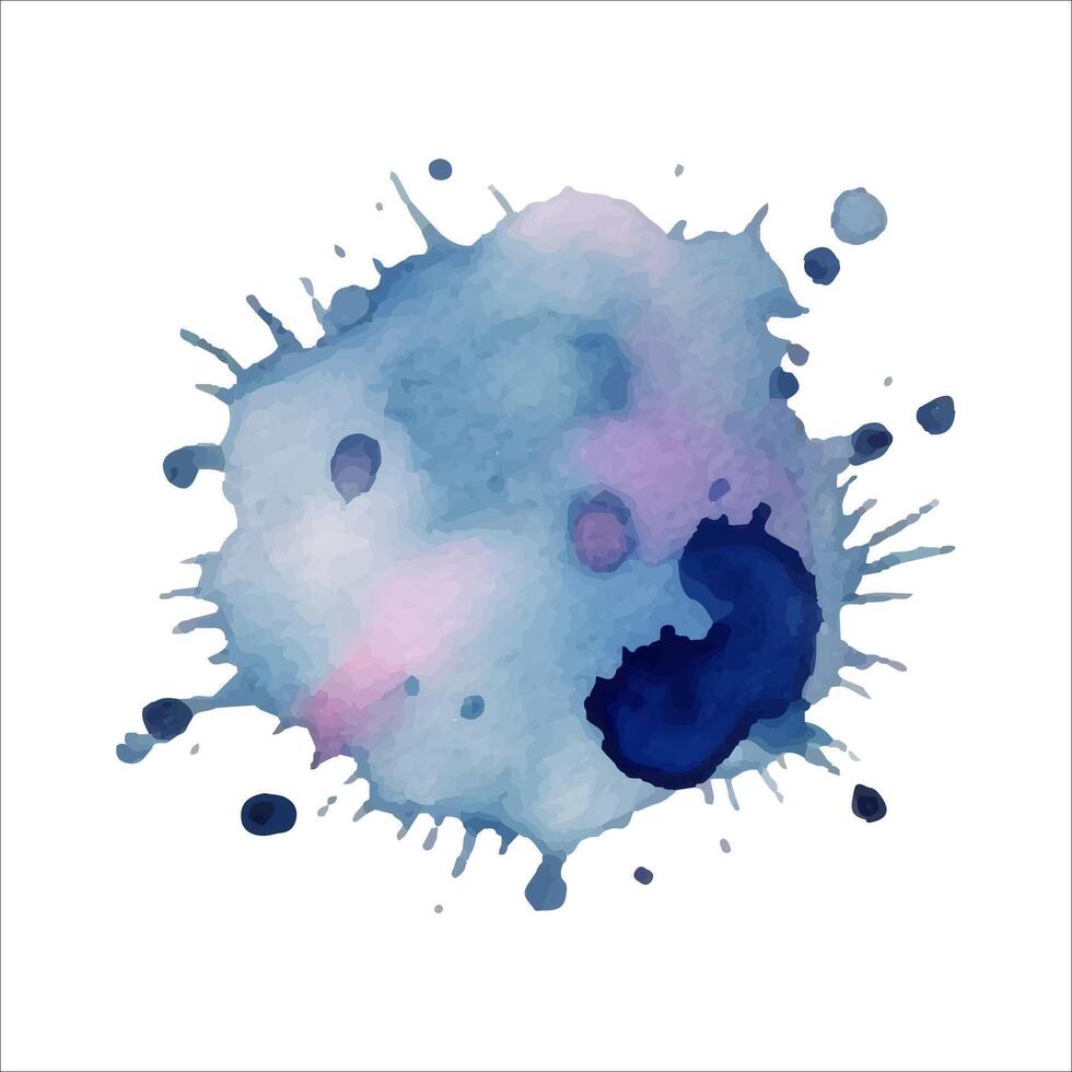 Blue watercolor spot with droplets, smudges, stains, splashes, abstract editable isolated object on white background vector