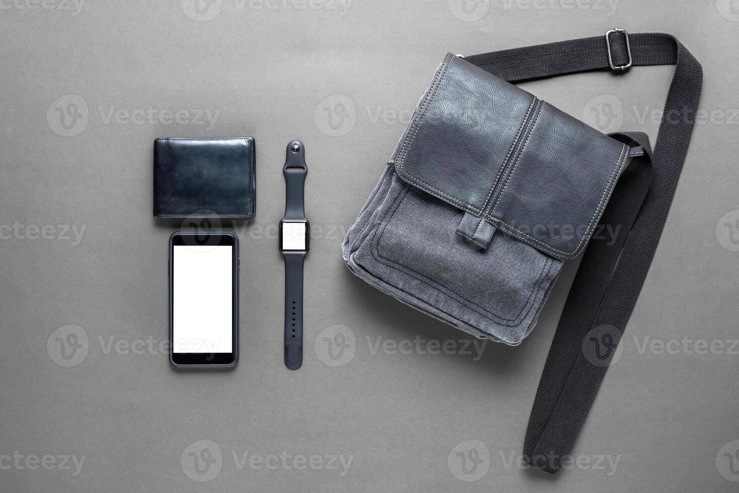Still life with man, watch and phone on color background photo