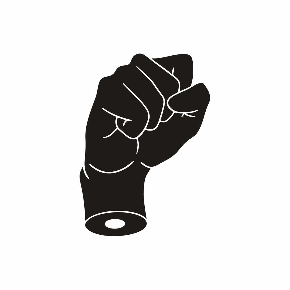 Black Silhouette of Man Rising Fist Hand on White Background with White Lines Defining Thumb and Fingers. Hand Gesture Flat Icon Decal Illustration. vector