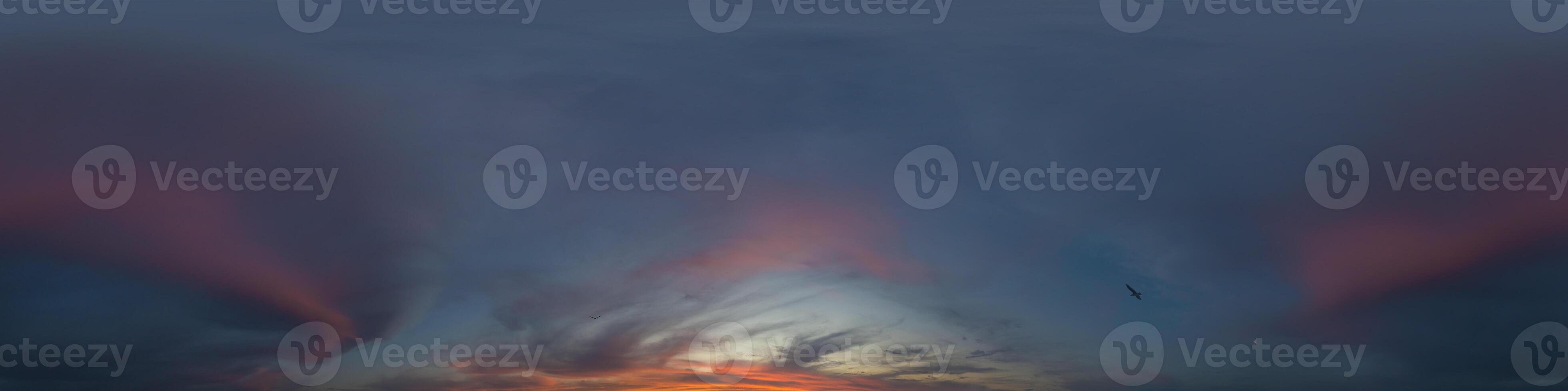 Panorama of a dark blue sunset sky with pink Cumulus clouds. Seamless hdr 360 panorama in spherical equiangular format. Full zenith for 3D visualization, sky replacement for aerial drone panoramas. photo