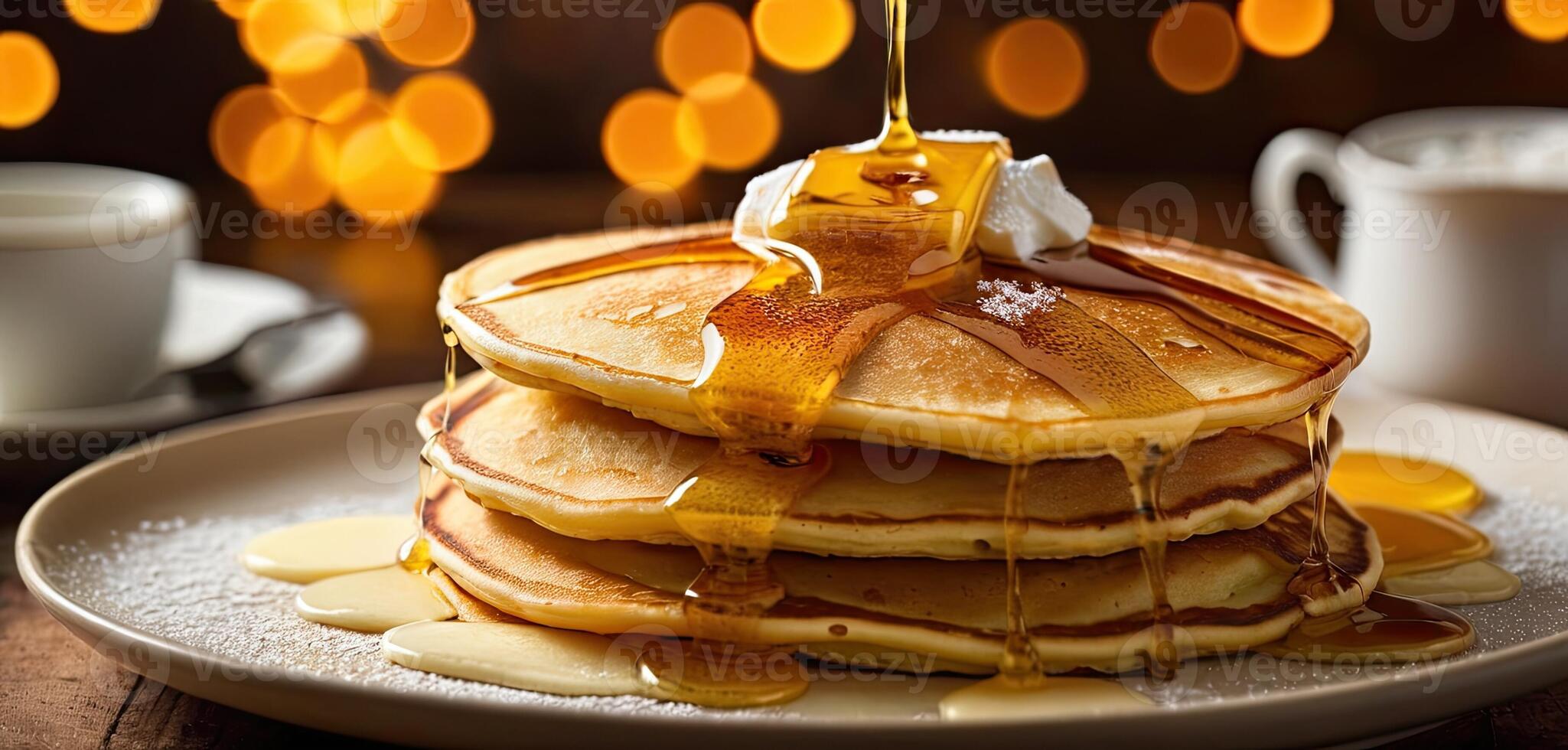 Pancakes, butter, syrup. Stack of golden pancakes on white plate, melting butter on top, syrup pouring over, steam rising. photo