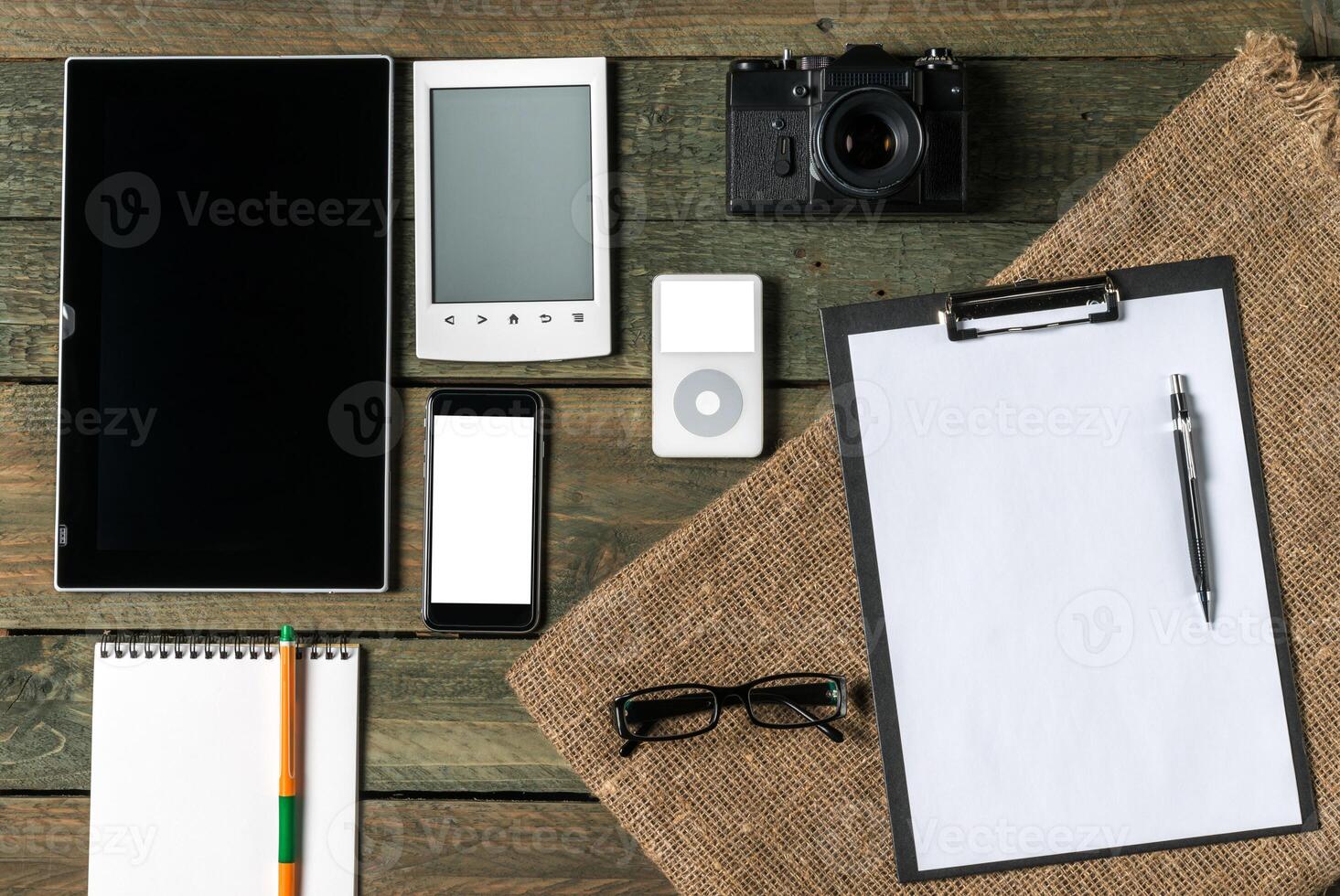 Mock up of business stuff on wooden board. photo