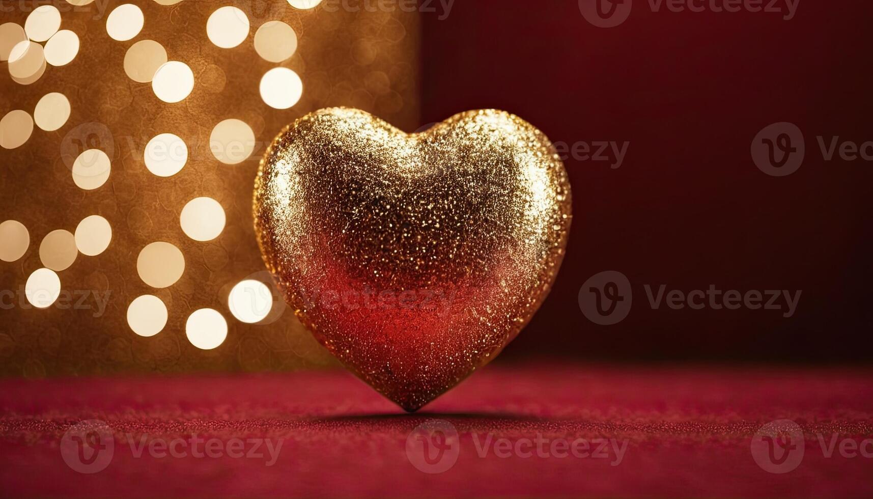 Love, Heart, Celebration. heart on textured surface beneath, soft focus golden lights create bokeh in background. Celebration card or romantic events invitation. Valentine day photo