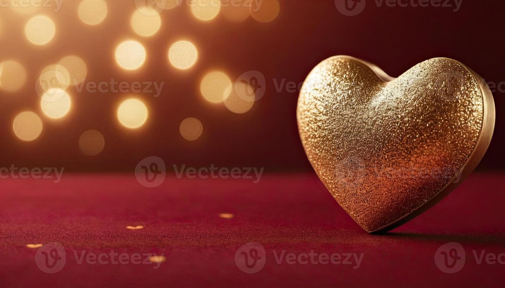 Love, Heart, Celebration. heart on textured surface beneath, soft focus golden lights create bokeh in background. Celebration card or romantic events invitation. Valentine day photo